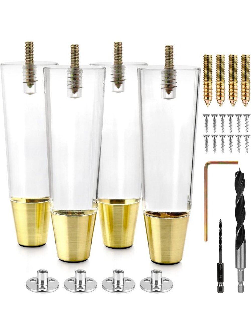 Stylish Acrylic Furniture Legs with Gold Caps - Mid Century Set of 4, 6" Easy